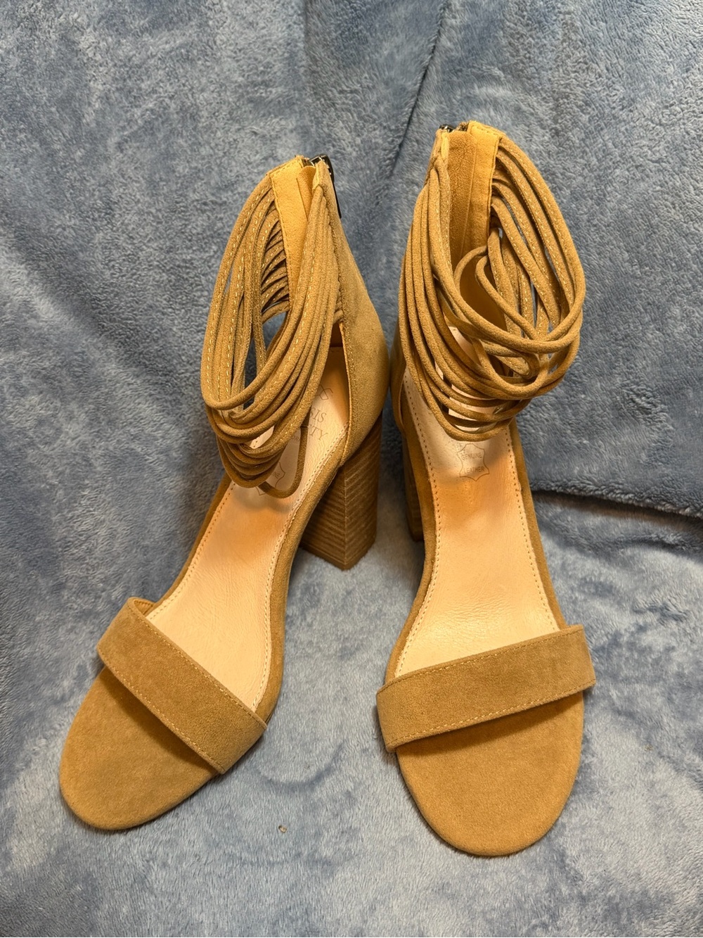 Oasis Suede Strappy Block Heel Sandals in Camel Tan
